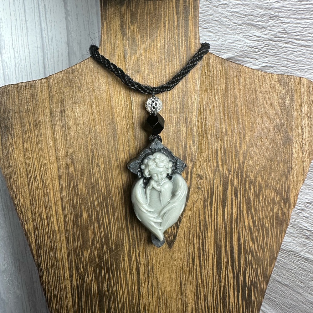 Tai Chi Stone Angel Pendant Necklace on Black Rope - Picture 13 of 15